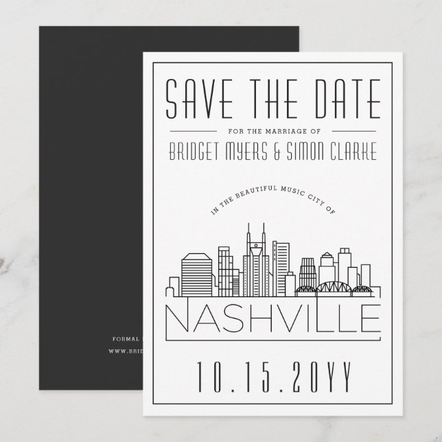 Nashville Wedding | Stilisierte Skyline Save the D Einladung (Vorne/Hinten)