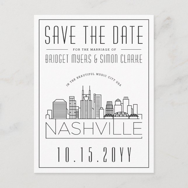 Nashville Wedding | Stilisierte Skyline Save the D Postkarte (Vorderseite)