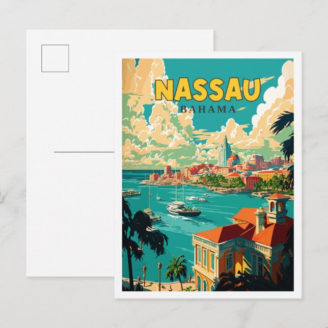 Nassau Bahama Vintage Illustration Postkarte (Vorne/Hinten)