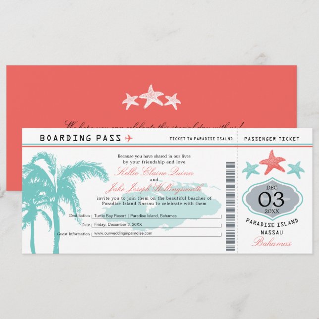 Nassau Bahamas Hochzeit Boarding Pass Einladung (Vorne/Hinten)