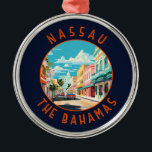 Nassau Bahamas Travel Art Vintag Ornament Aus Metall<br><div class="desc">Nassau Retro Vektor Reise Design. Es liegt auf der Insel New Providence, mit der benachbarten Paradise Island, die über die Hafenbrücken von Nassau erreichbar ist.</div>