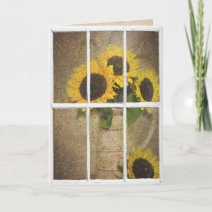 nasses Fenster mit Sonnenblumenstrauß Karte