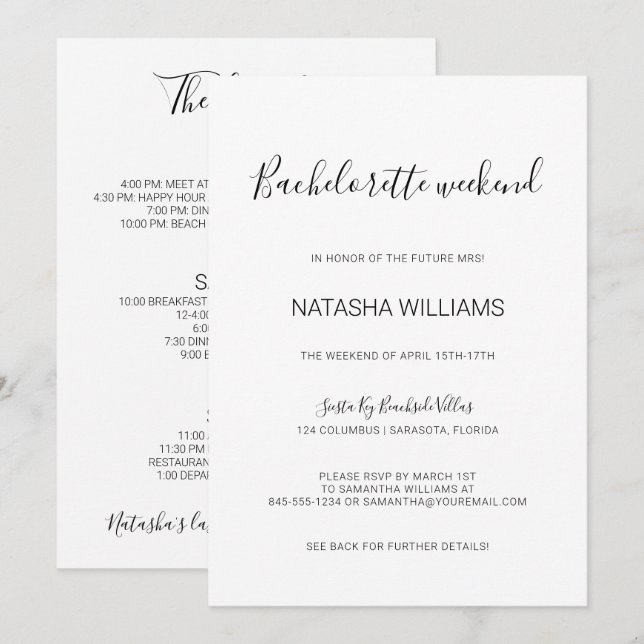 Natasha Chic Bachelorette Wochenende mit Ausflug Einladung (Vorne/Hinten)