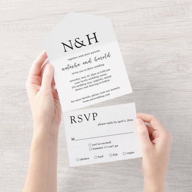 Natasha Monogram Modern Wedding All In One Einladung (Abreißen)