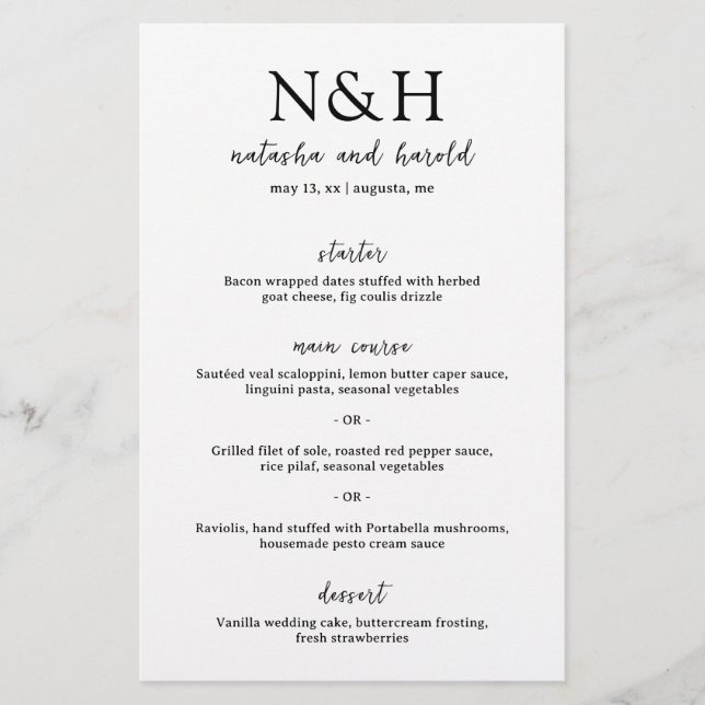 Natasha Monogram Modern Wedding Menu (Vorderseite)
