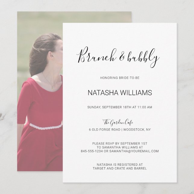 Natasha Rustic Calligraphy Foto Brunch & Bubbly Einladung (Vorne/Hinten)