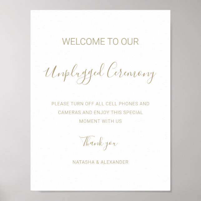 Natasha Unplugged Zeremonie Gold Wedding Sign Poster (Vorne)