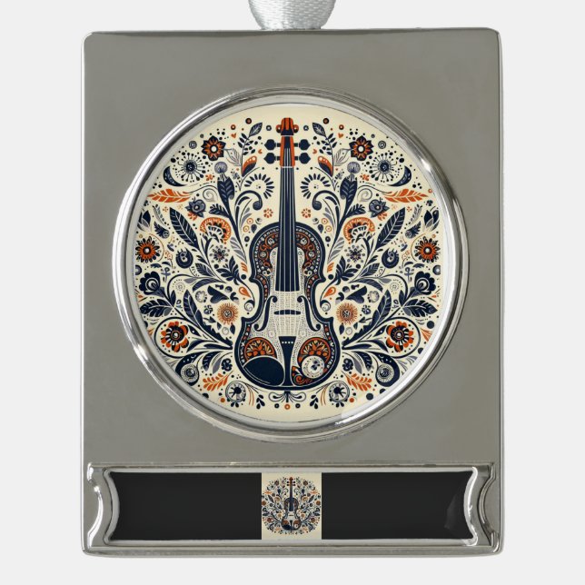  National Violin Day Melody Sticker with Folk Art  Banner-Ornament Silber (Vorderseite)