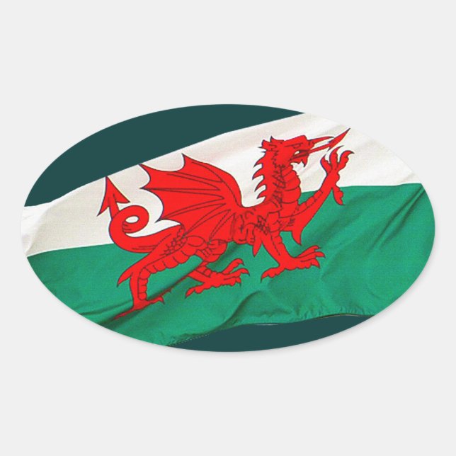 Nationalflagge Wales, Patriotischer Roter Drache Ovaler Aufkleber (Vorderseite)