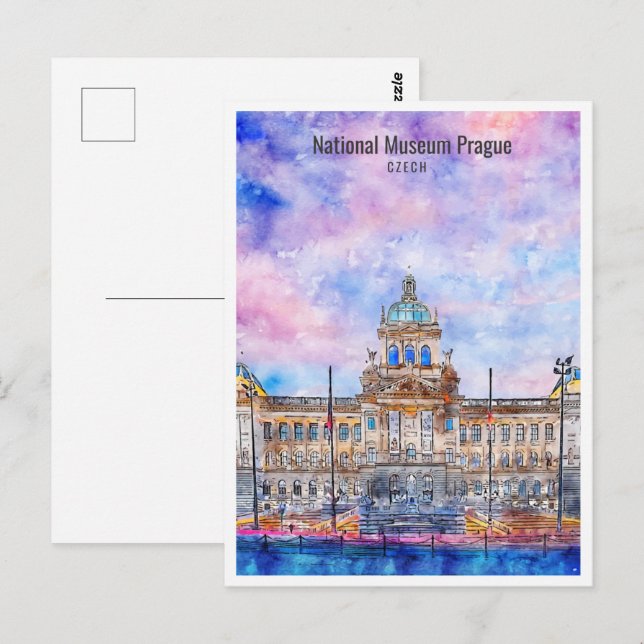 Nationalmuseum Prag - Platz Wasserfarben Postkarte (Vorne/Hinten)