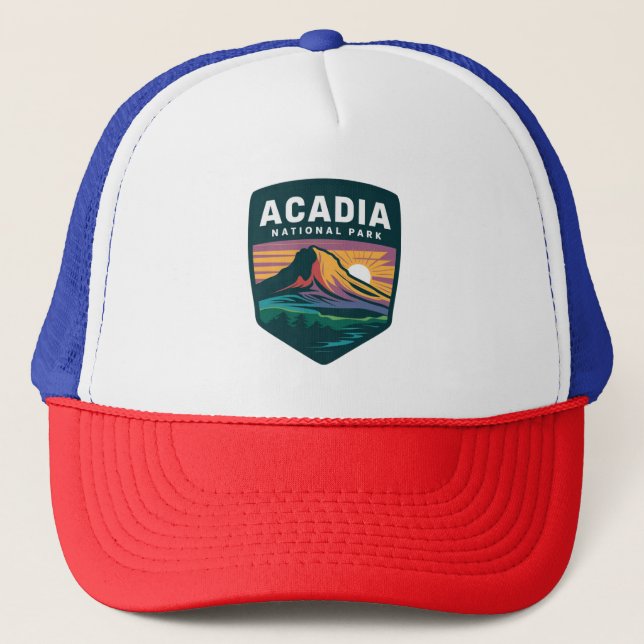 Nationalpark Acadia Sunset Abzeichen Illustration Truckerkappe (Vorderseite)