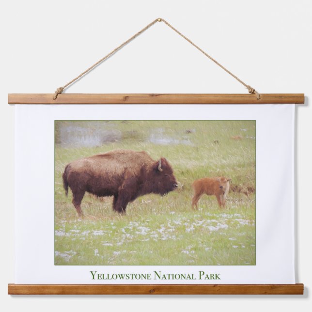 Nationalpark Bison und Calf Yellowstone Wandteppich Mit Holzrahmen (Vorne)