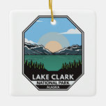 Nationalpark Klettersee Keramikornament<br><div class="desc">Lake Clark Vektorgrafik Design. Der Park ist ein Land von atemberaubender Schönheit. Vulkandampf,  Lachslauf,  Bärenfutter und knisternde Berge spiegeln sich in den türkisblauen Seen wider.</div>