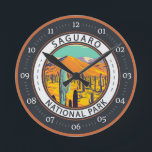 Nationalpark Saguaro Cacti im Frühjahr Abzeichen Runde Wanduhr<br><div class="desc">Saguaro Vektorgrafik Design. Der Park ist nach dem großen Saguaro-Kakteen benannt, das in seiner Wüstenlandschaft beheimatet ist.</div>