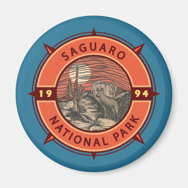 Nationalpark Saguaro Coyote Retro Kompass Emblem Magnet (Vorne)