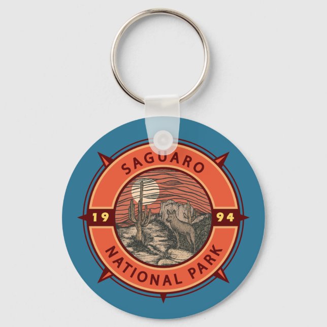 Nationalpark Saguaro Coyote Retro Kompass Emblem Schlüsselanhänger (Vorderseite)