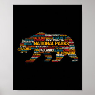 Nationalparks USA Liste Wortwolke Bär Camping An Poster