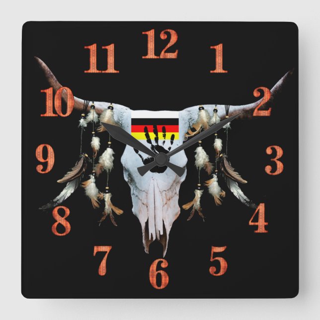 Native American Cattle Head Wall Clock Quadratische Wanduhr (Vorderseite)