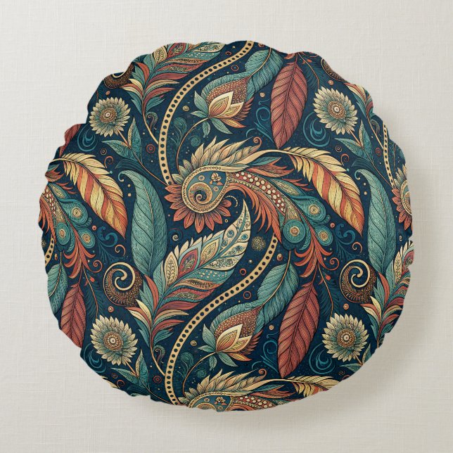Native American Feather Swirl Terra Cotta Aquamari Rundes Kissen (Vorderseite)