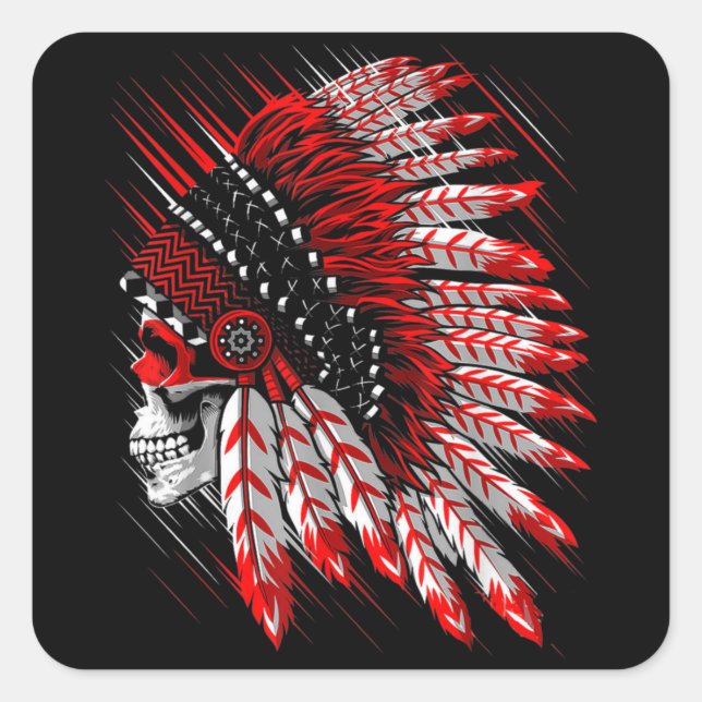 Native American Indian Chief Skull Motorcycle Head Quadratischer Aufkleber (Vorderseite)