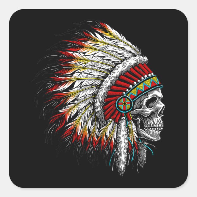 Native American Indian Chief Skull Motorcycle Quadratischer Aufkleber (Vorderseite)
