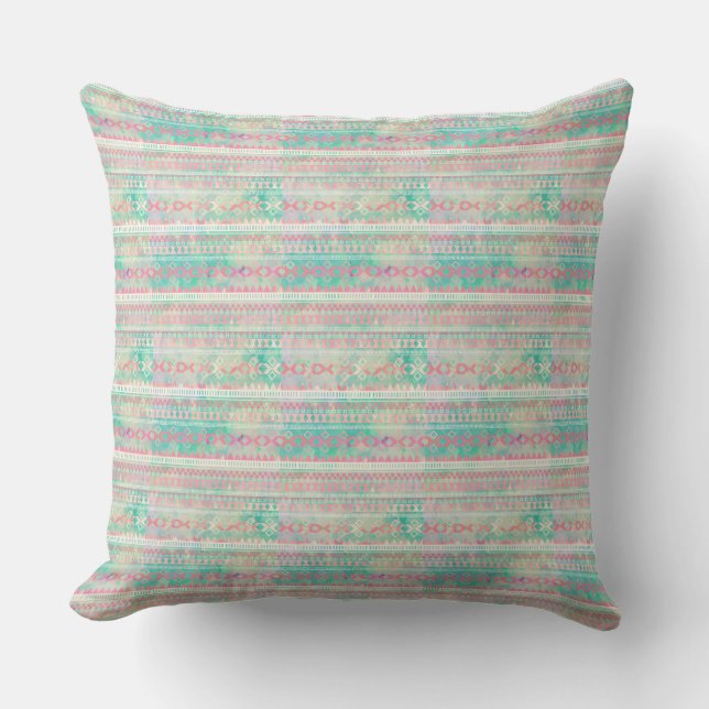 Native American Pattern Throw Pillow/Pink Green Kissen (Vorderseite)