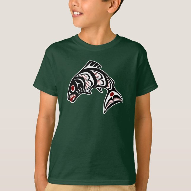 Native American Red Black White Haida Art Salmon T-Shirt (Vorderseite)