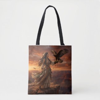 Native American Woman with Eagle on Cliff Tote Bag Tasche