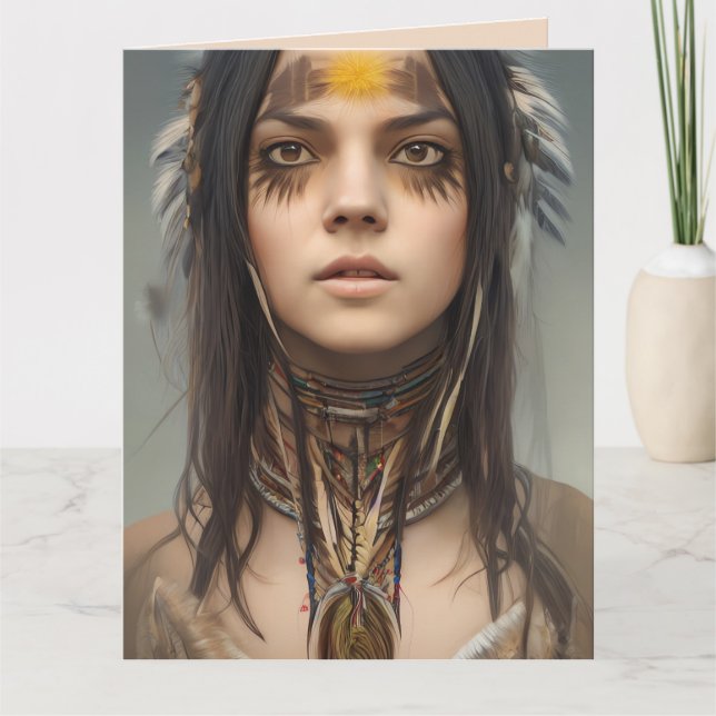 NATIVE AMERIKANISCHE HÜBSCHE FRAU MIRL ART GEBURTS KARTE (Vorderseite)