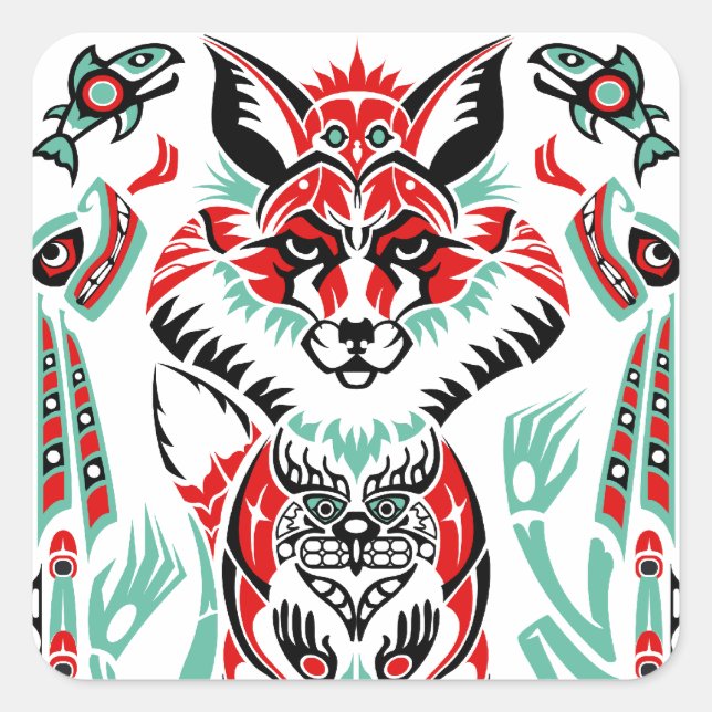Native Amerikanische Ureinwohner Fox Quadratischer Aufkleber (Vorderseite)