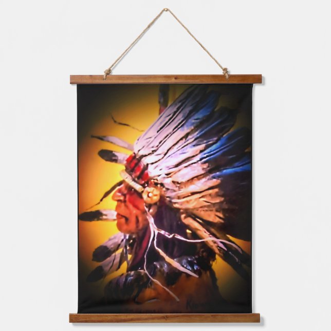 Native Chief Wood Topped Wall Tapestry Wandteppich Mit Holzrahmen (Vorderseite)