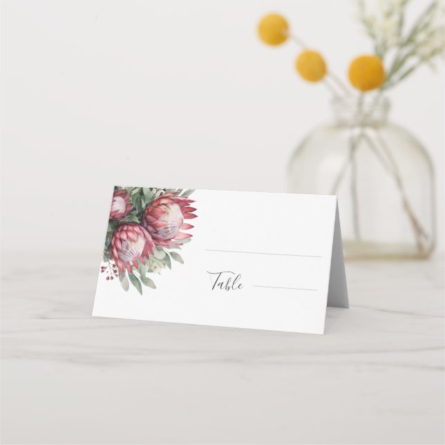 Native Protea Watercolor Floral Boho Botanisch Platzkarte (Vorderseite)