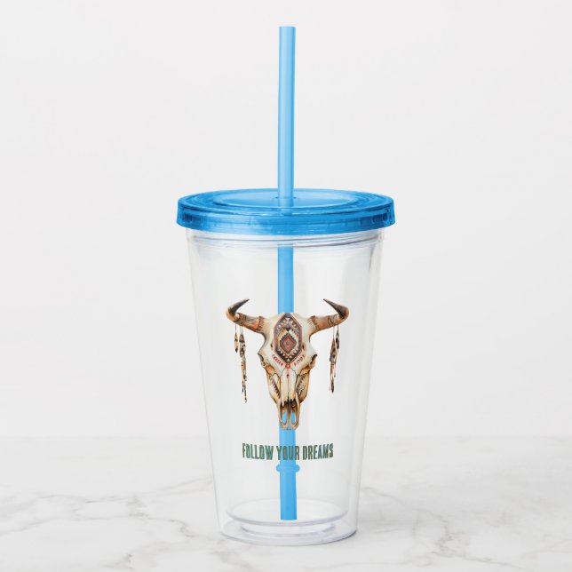 Native Tribal Bull Horns Skull Acryltrinkbecher (Vorderseite)