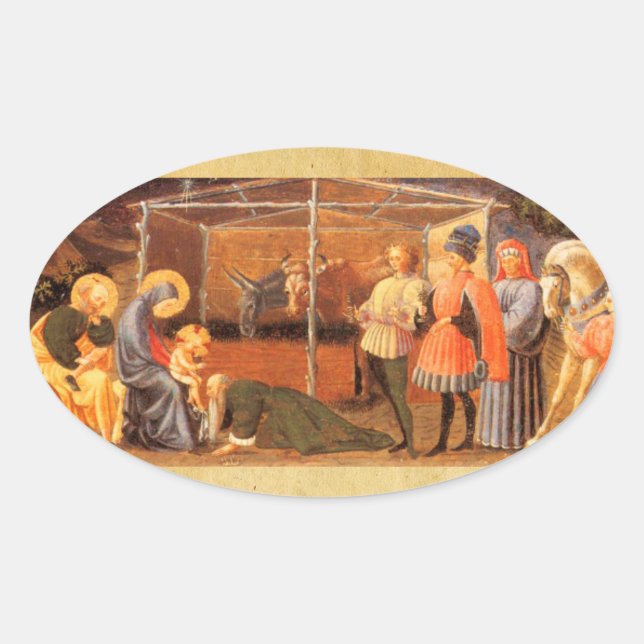 NATIVITÄTSCHRISTMAS PARCHMENT/ ANNAHME VON MAGI OVALER AUFKLEBER (Vorderseite)