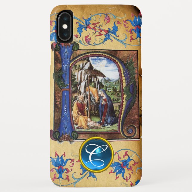 NATIVITÄTSCHRISTMAS PARCHMENT BLUE GEM MONOGRAM Case-Mate iPhone HÜLLE (Rückseite)