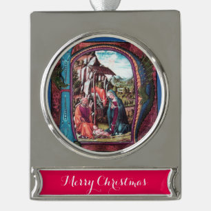 NATIVITÄTSCHRISTMAS PARCHMENT MONOGRAM Rosa Blau Banner-Ornament Silber