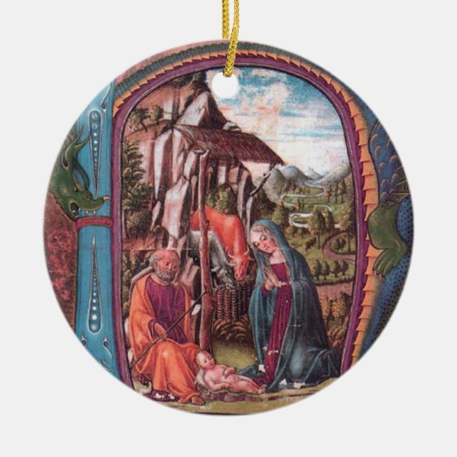NATIVITÄTSCHRISTMAS PARCHMENT MONOGRAM Rosa Blau Keramikornament (Vorne)