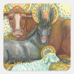 NATIVITÄTSTIERE IN STABILEN, OXEN, SPIELEN UND SCH QUADRATISCHER AUFKLEBER