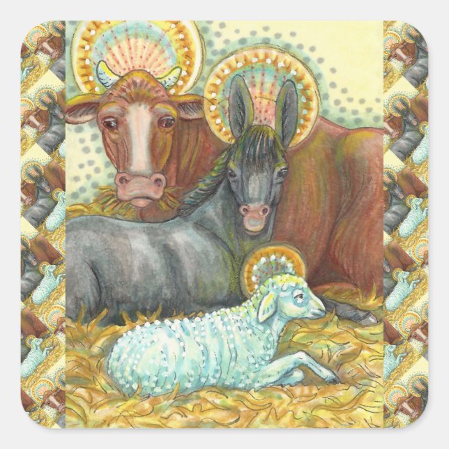 NATIVITÄTSTIERE IN STABILEN, OXEN, SPIELEN UND SCH QUADRATISCHER AUFKLEBER (Vorderseite)