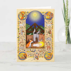 Nativité médiévale avec carte de Noël corgi