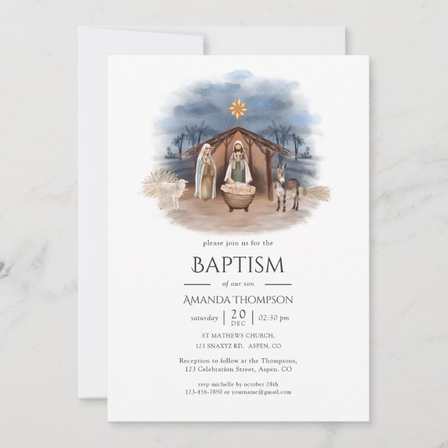 Nativité religieuse de Noël Baptême Invitation (Devant)