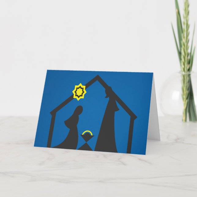 Nativité Silhouette carte de Noël noir sur bleu (Devant)