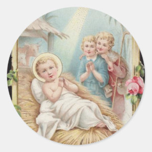 Nativity-Baby-Jesus-Rosen-Kinder Runder Aufkleber