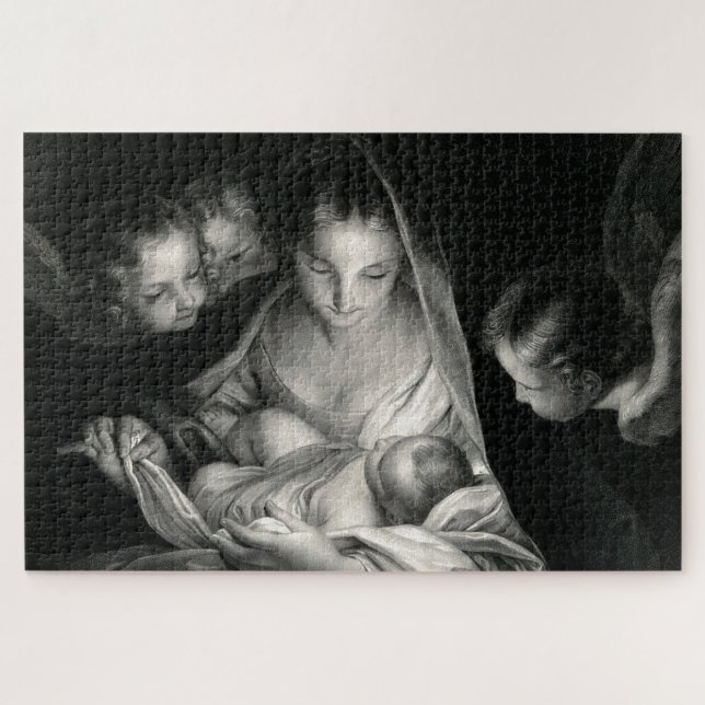 Nativity Baby Jesus Virgin Mary Angels Black White (Horizontal)