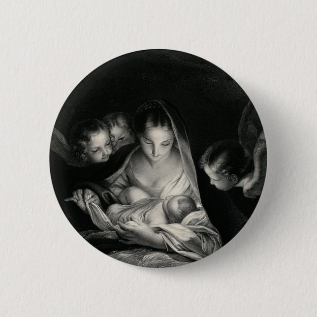 Nativity Baby Jesus Virgin Mary Angels Black White Button (Vorderseite)