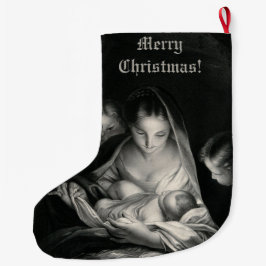 Nativity Baby Jesus Virgin Mary Angels Black White Großer Weihnachtsstrumpf