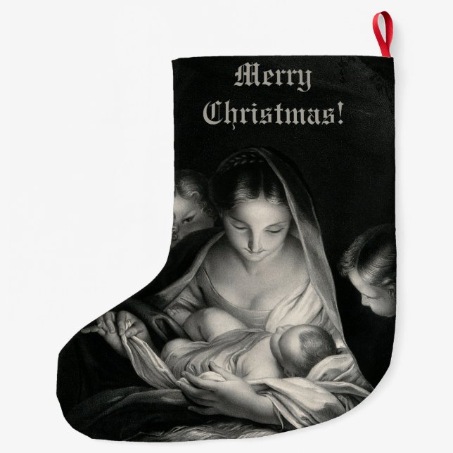 Nativity Baby Jesus Virgin Mary Angels Black White Großer Weihnachtsstrumpf (Rückseite)
