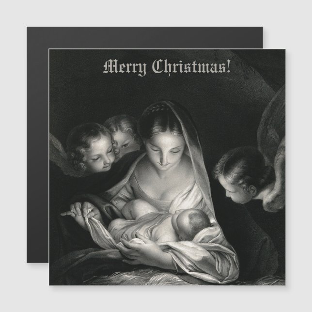 Nativity Baby Jesus Virgin Mary Angels Black White Magnetkarte (Vorne/Hinten)