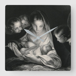Nativity Baby Jesus Virgin Mary Angels Black White Quadratische Wanduhr