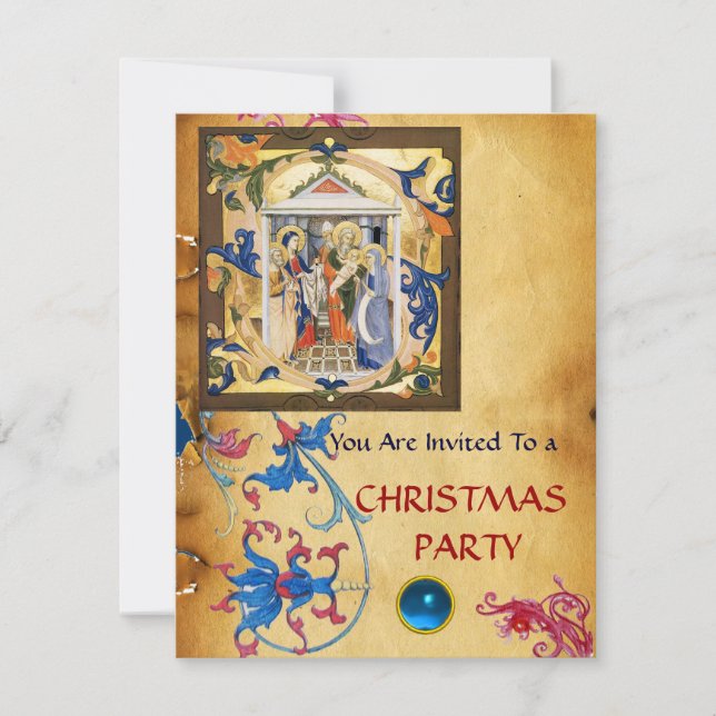 NATIVITY FLORAL CHRISTMAS PARCHMAS MIT BLUE GEM EINLADUNG (Vorderseite)